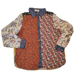 Natural Life Women's Floral Boho Patchwork Button Up Long Sleeve Top Medium